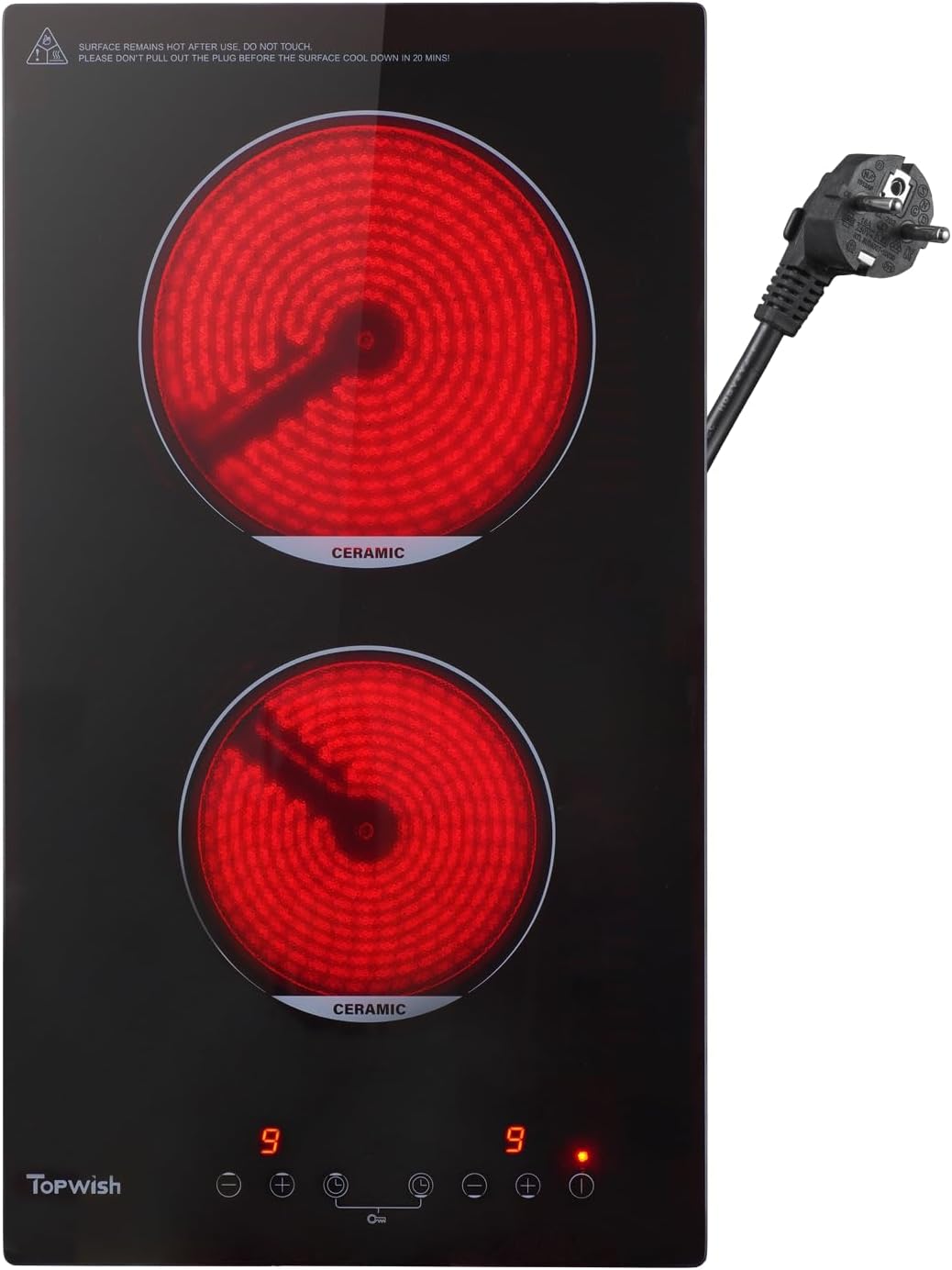 Glaskeramikkochfeld 2 platten, Keramikkochfeld einbau, herdplatte 2 kochfelder, kochplatten 2er elektrisch mit Kindersicherung, Touchsteuerung, Restwärmeanzeige, 30cm, 3000W