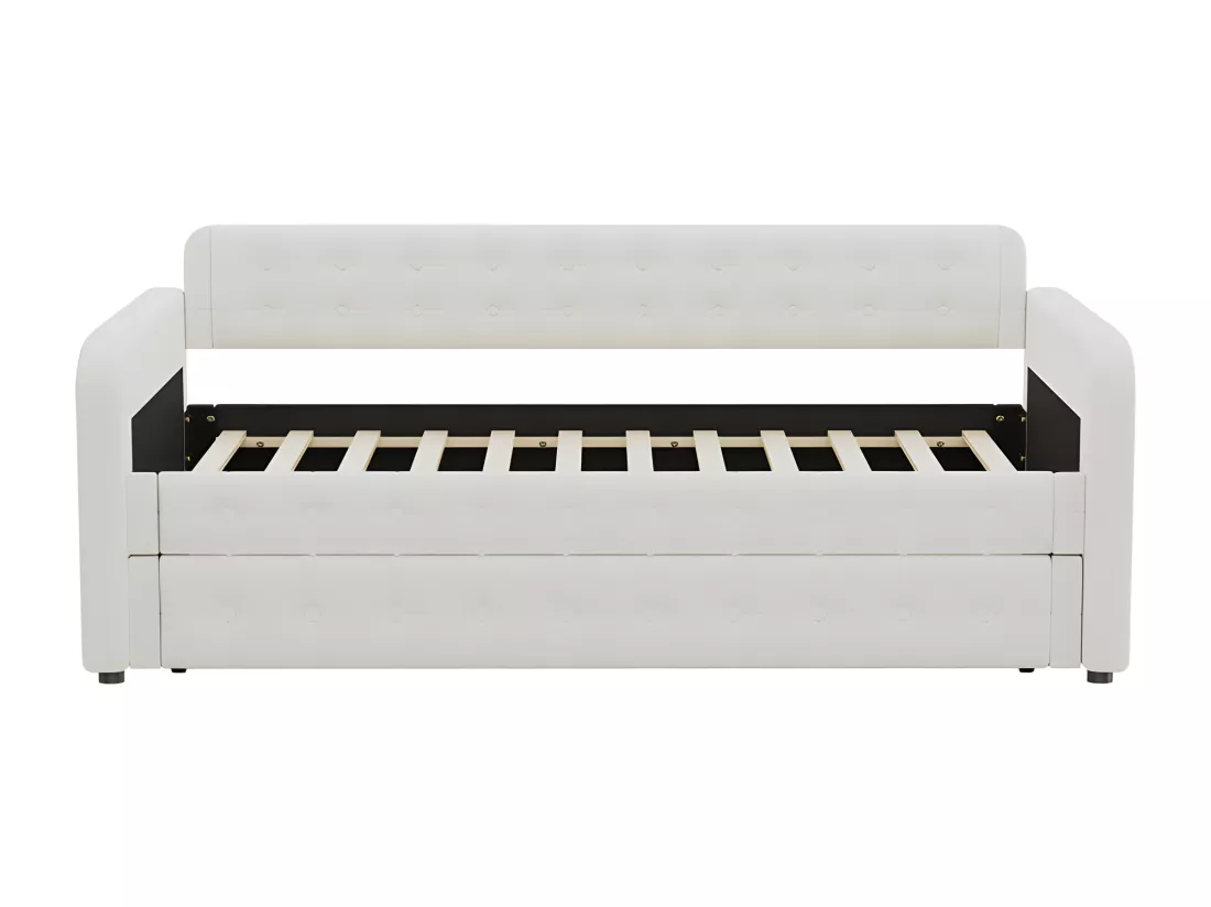 Lit gigogne 90x190/200cm en tissu de lin - avec sommier à lattes - Beige clair