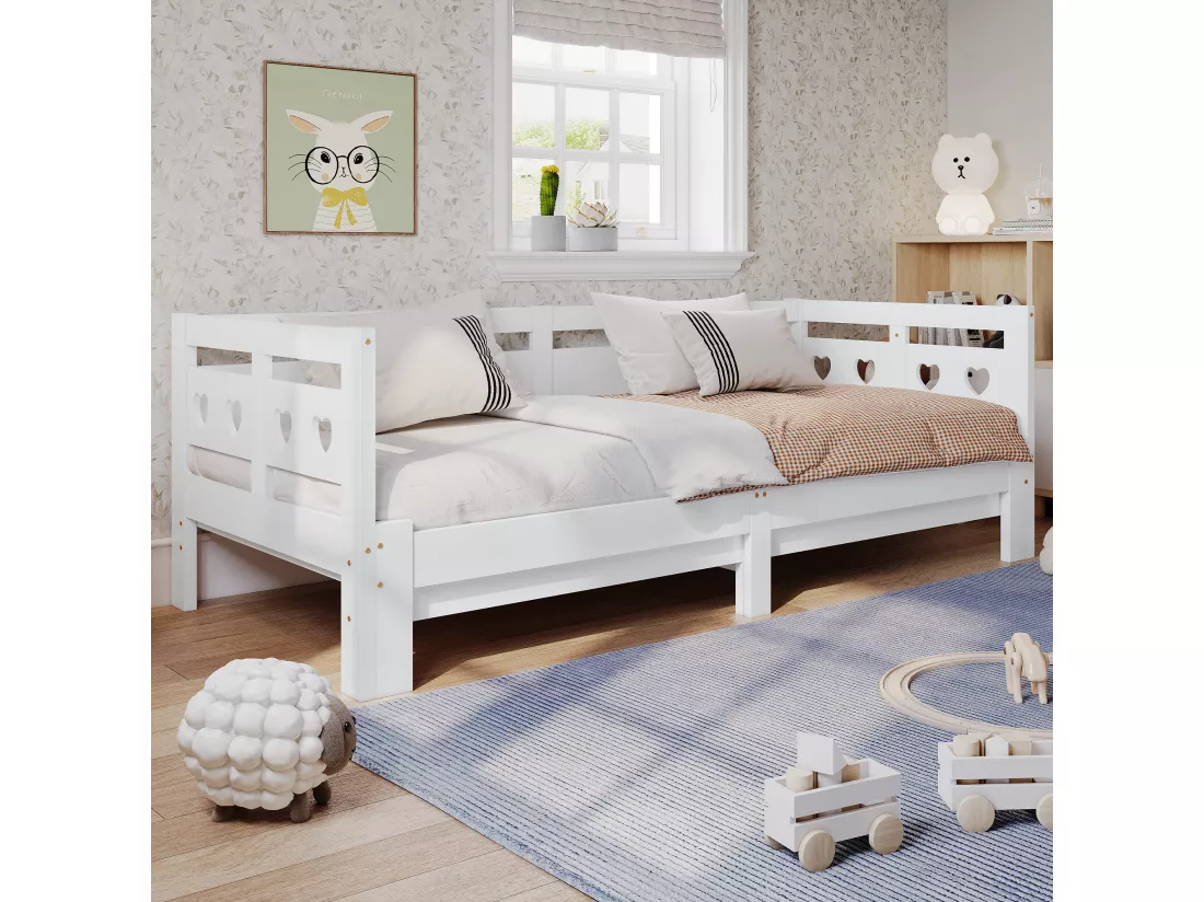 Lit gigogne 90 x 200 cm - Lit de repos en bois massif - forme coeur - blanc