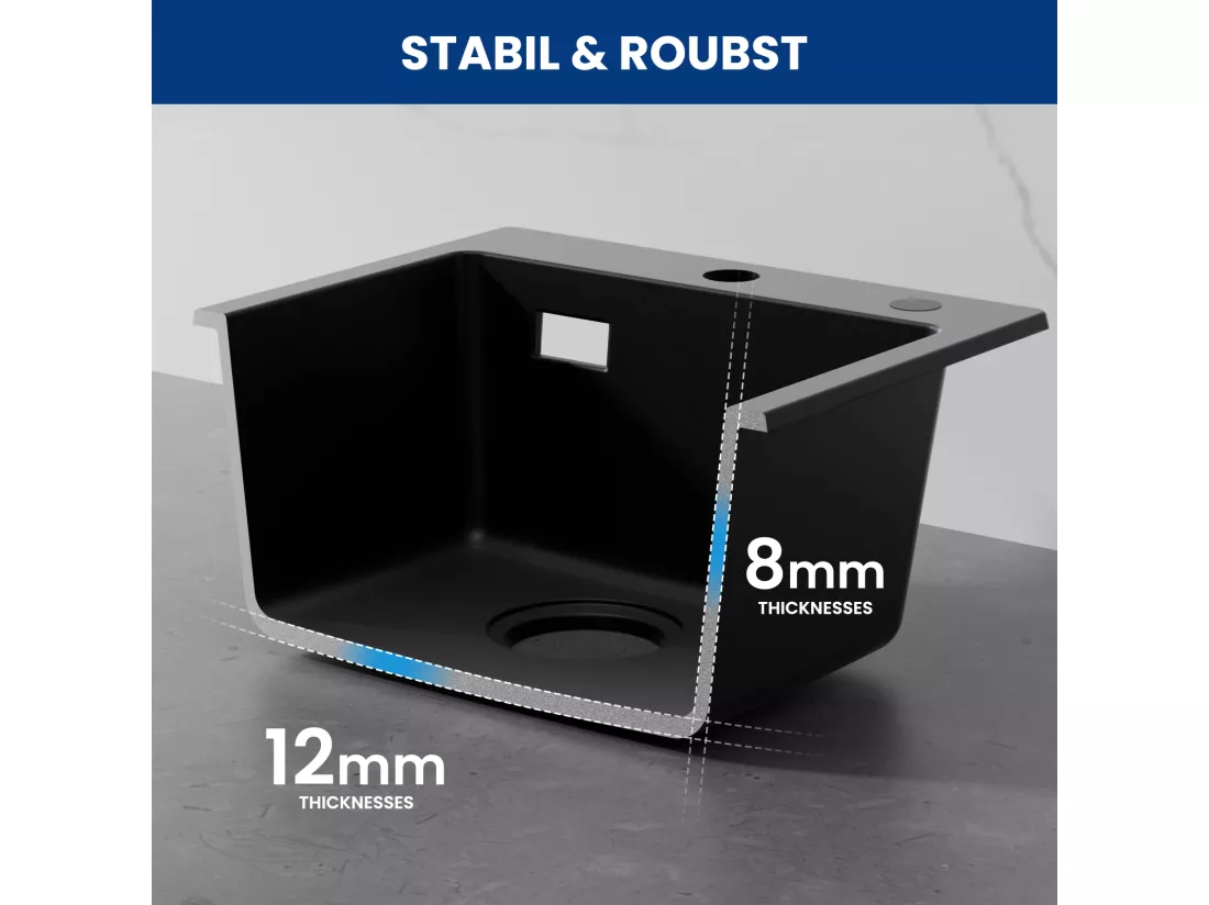Cecipa MAX 40x45cm Noir Evier de Cuisine en Quartz et Résine Evier 1 Bac + Mitigeur Evier à 3 Voies, 2 Leviers, Noir