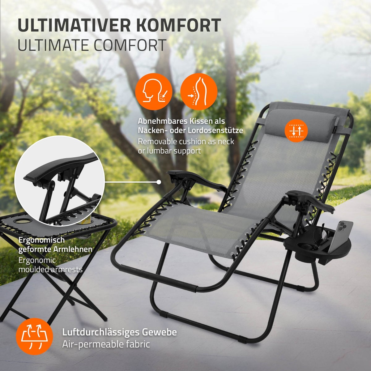 ML-Design 3-delige opvouwbare ligstoelset, tuinligstoelset met tafel, grijs, ligstoel met verstelbare hoofdsteun en rugleuning, weerbestendig/buiten, relaxstoel voor in de tuin met bekerhouder
