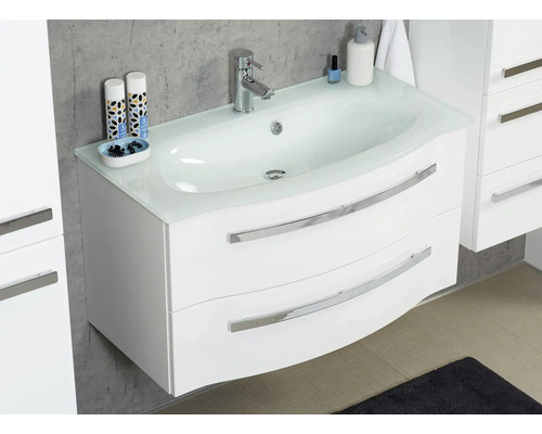 3-delige badkamermeubelset Pelipal xpressline 4005 BxHxD 92 x 200 x 49,1 cm, hoogglans witte fronten, met witte glazen wastafel en glazen wastafelmeubel, wastafelkast, spiegelkast met LED-verlichting, chromen greep, 992.0900111 9920900111