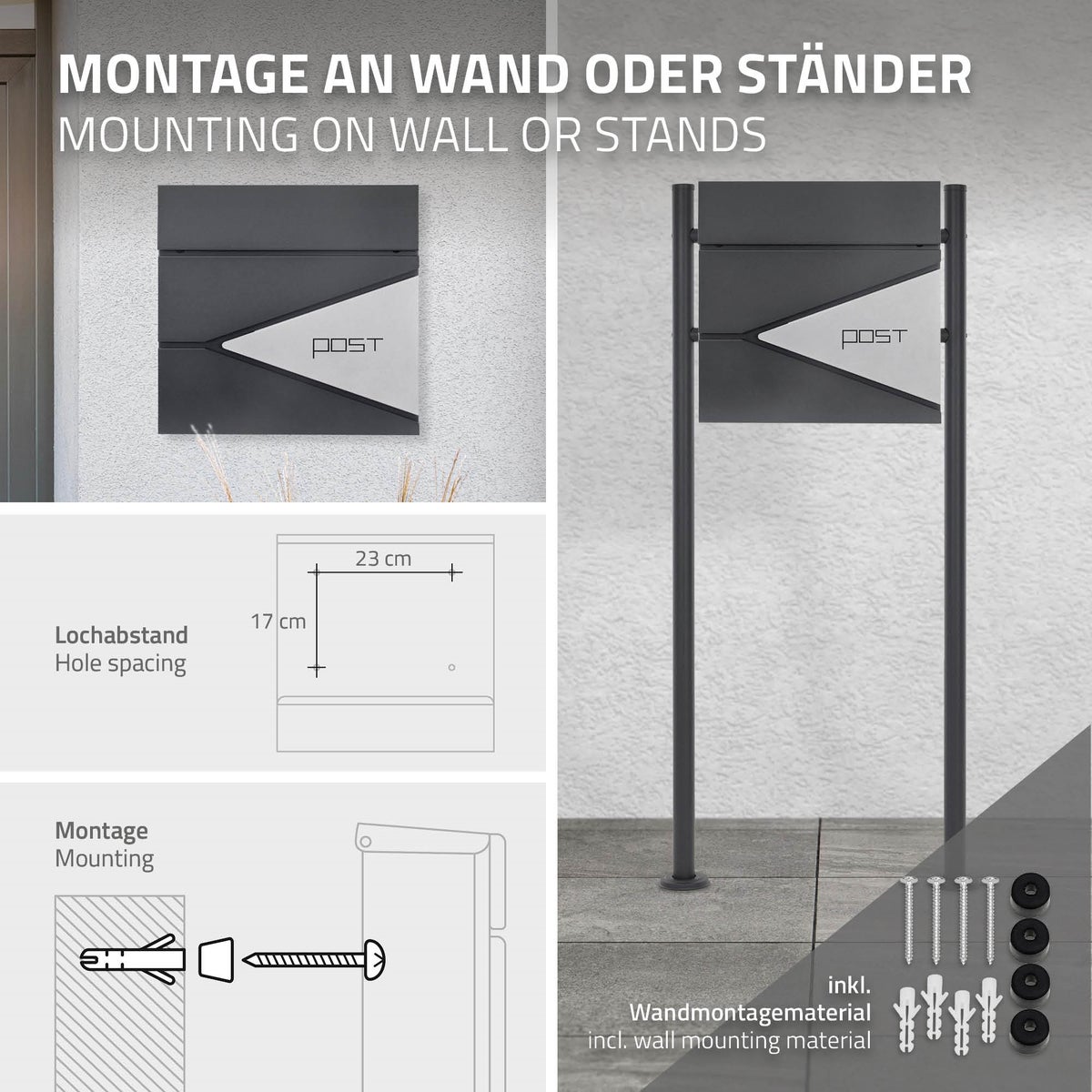 ML-Design Brievenbus Antraciet/Zilver, Gepoedercoat RVS, 37x37 cm, Brievenbus met krantenvak, Afsluitbaar met 2 sleutels, Design Wandbrievenbus met krantenrol, Brievenbus voor Wandmontage