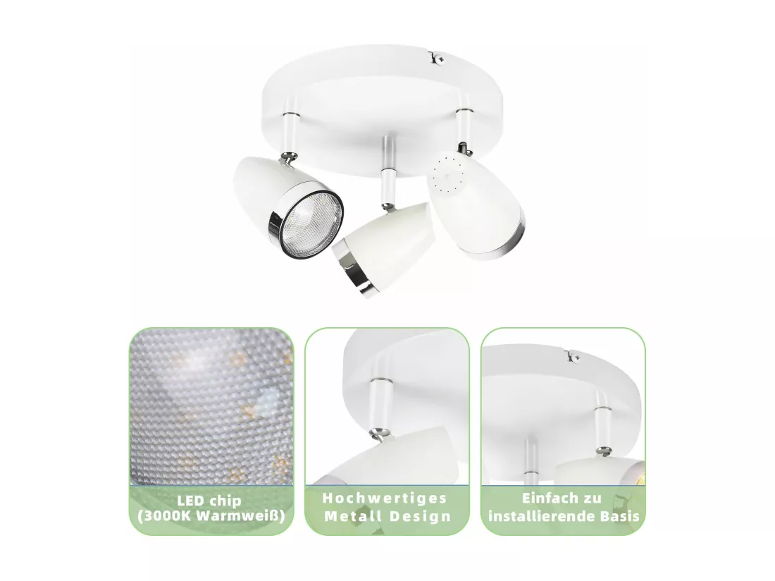 NETTLIFE Spot de plafond LED 3 ampoules moderne 4W blanc blanc chaud 3000K