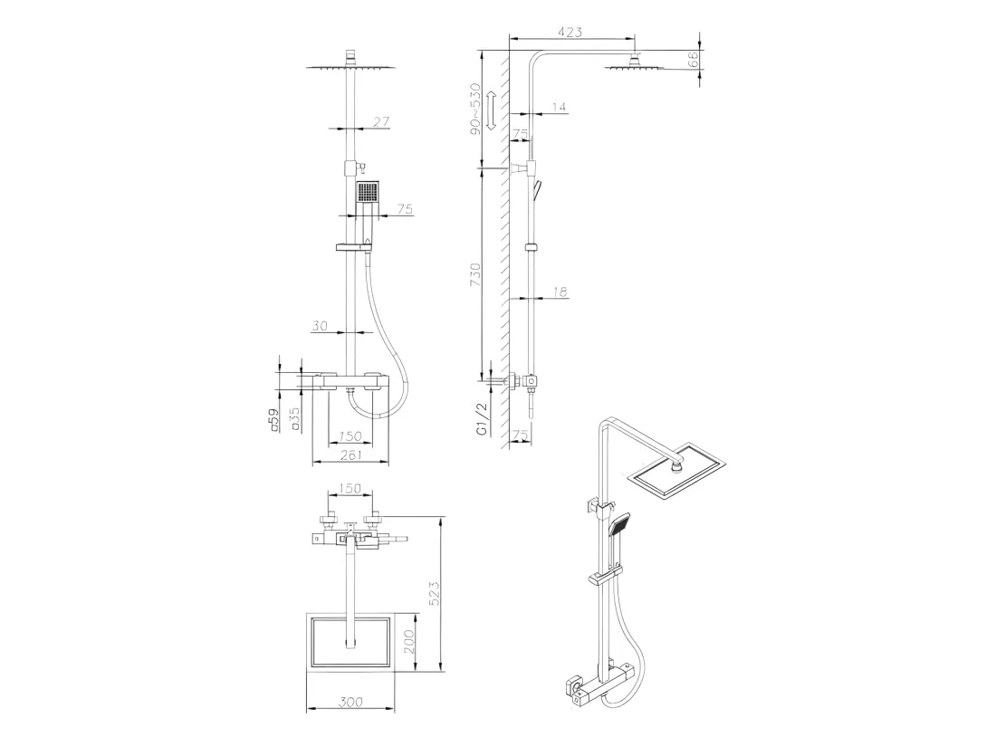 OCEANIC Colonne de douche - Mitigeur thermostatique - Pomme haute rectangle 30x20 cm - Chrome