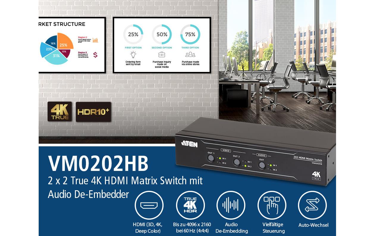 Matrix Switcher VM0202HB<br>2 x 2 True 4K HDMI Matrix Switch mit Audio De-Embedder