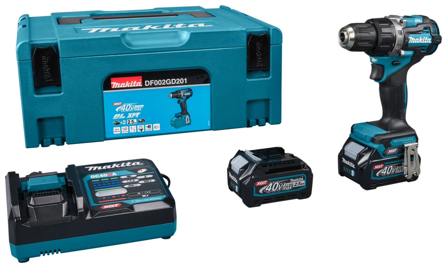 Makita DF002GD201 XGT 40V Max Li-Ion accu boor-/schroefmachine set (2x 2,5Ah) in Mbox - 64Nm - koolborstelloos