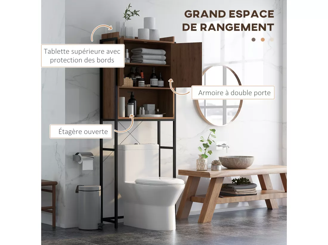 Meuble WC meuble dessus toilettes style industriel 2 portes avec étagère niche acier noir aspect noyer