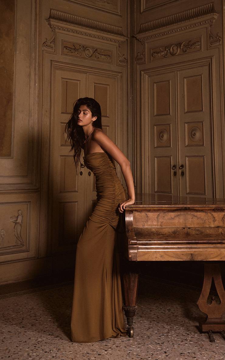 Vert Olive Robe Maxi Fourreau Froncée À Bustier Plt Label