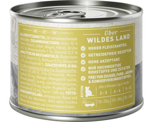 WILDES LAND Kip PURE natvoer voor kittens met distelolie en waardevolle superfoods, graanvrij, glutenvrij, 200 g