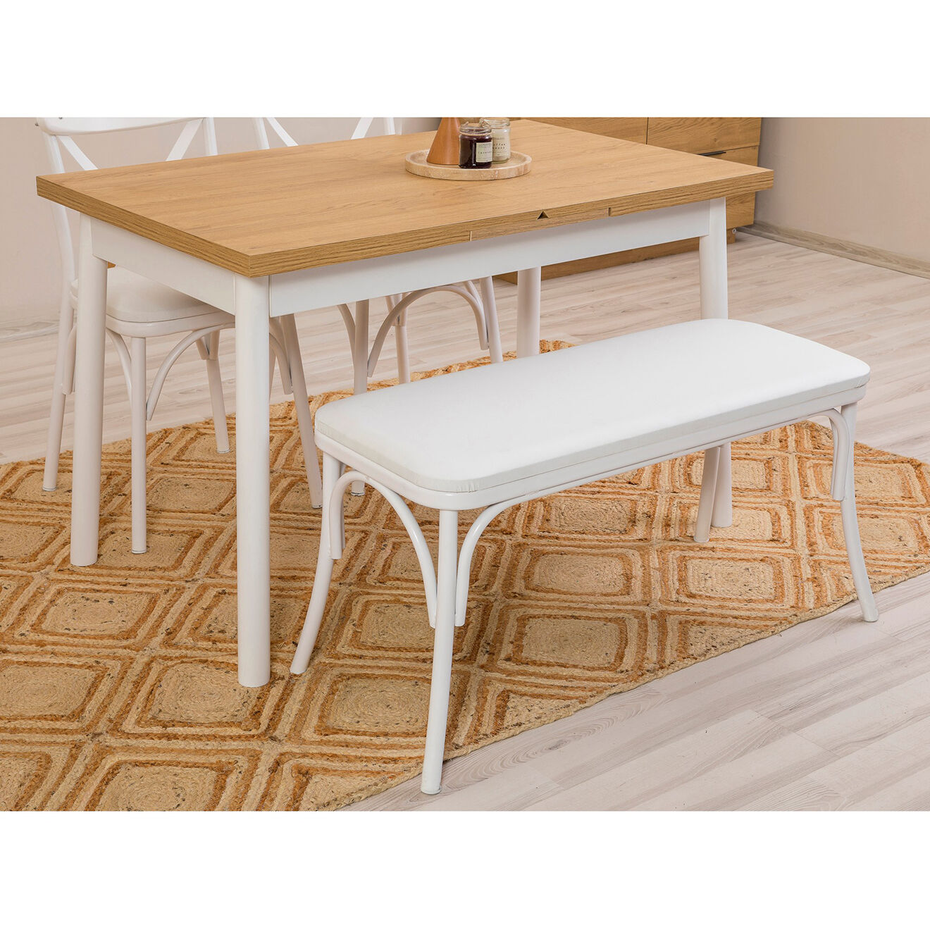 Wooden Art Table + 2 Chaises + Banc Olv blanc