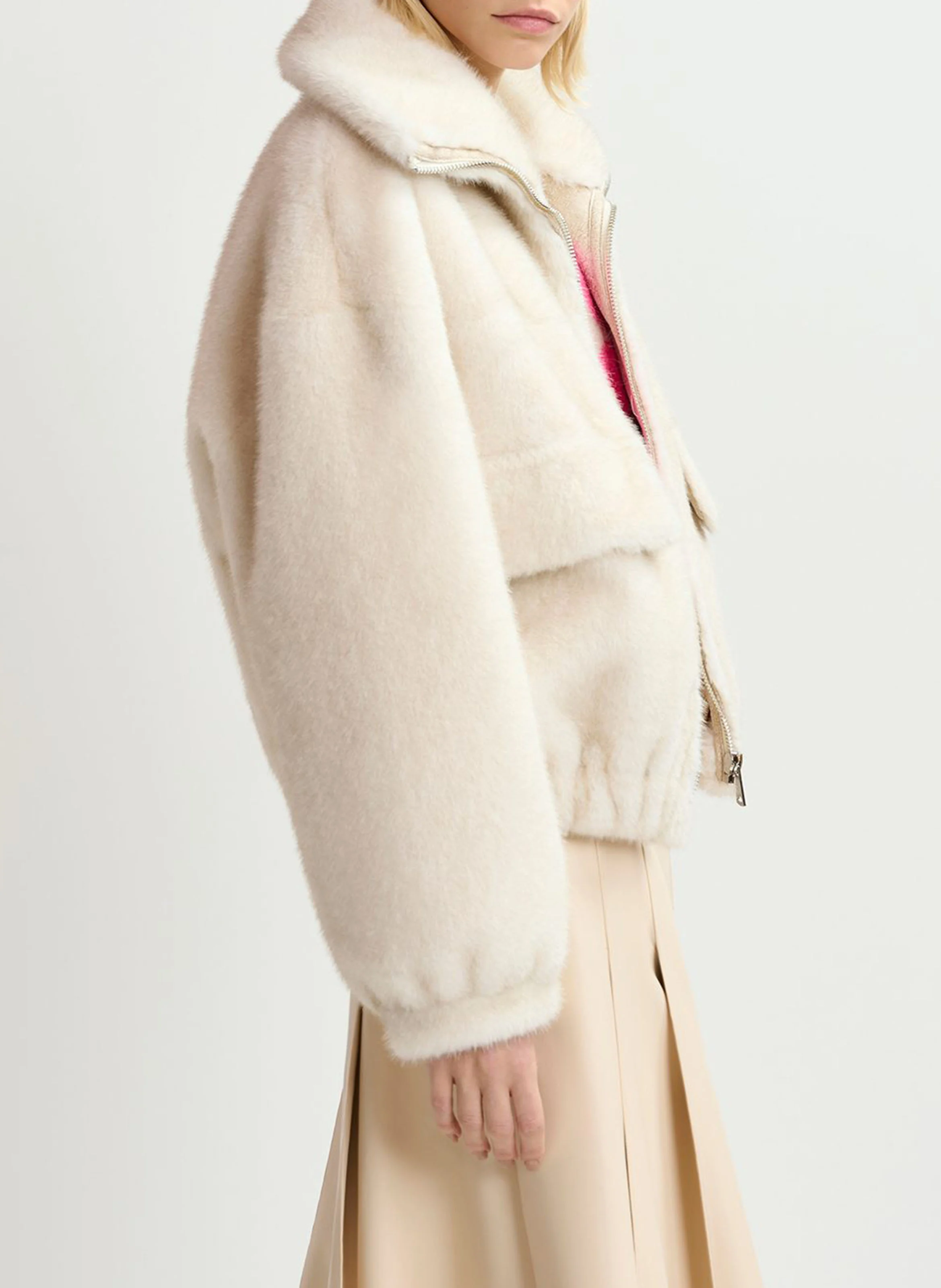 GENZ - Blouson col large en fourrure synthétique| Blanc