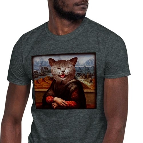 Camiseta masculina Mascochula, La Gioconda, personalizada com seu animal de estimação, cinza escuro.