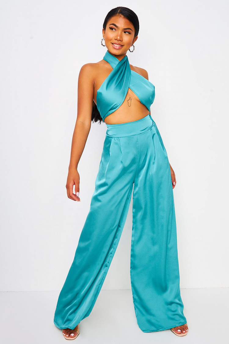 Ensemble satiné bleu vert top à nouer + pantalon