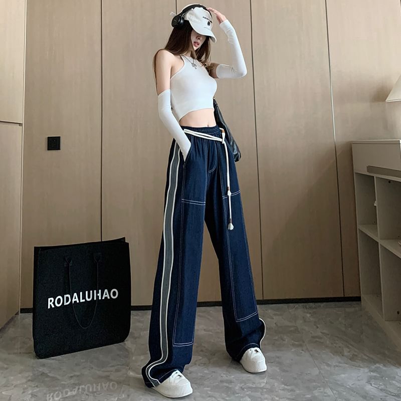 wingsira - High Rise Contrast Trim Wide Leg Jeans