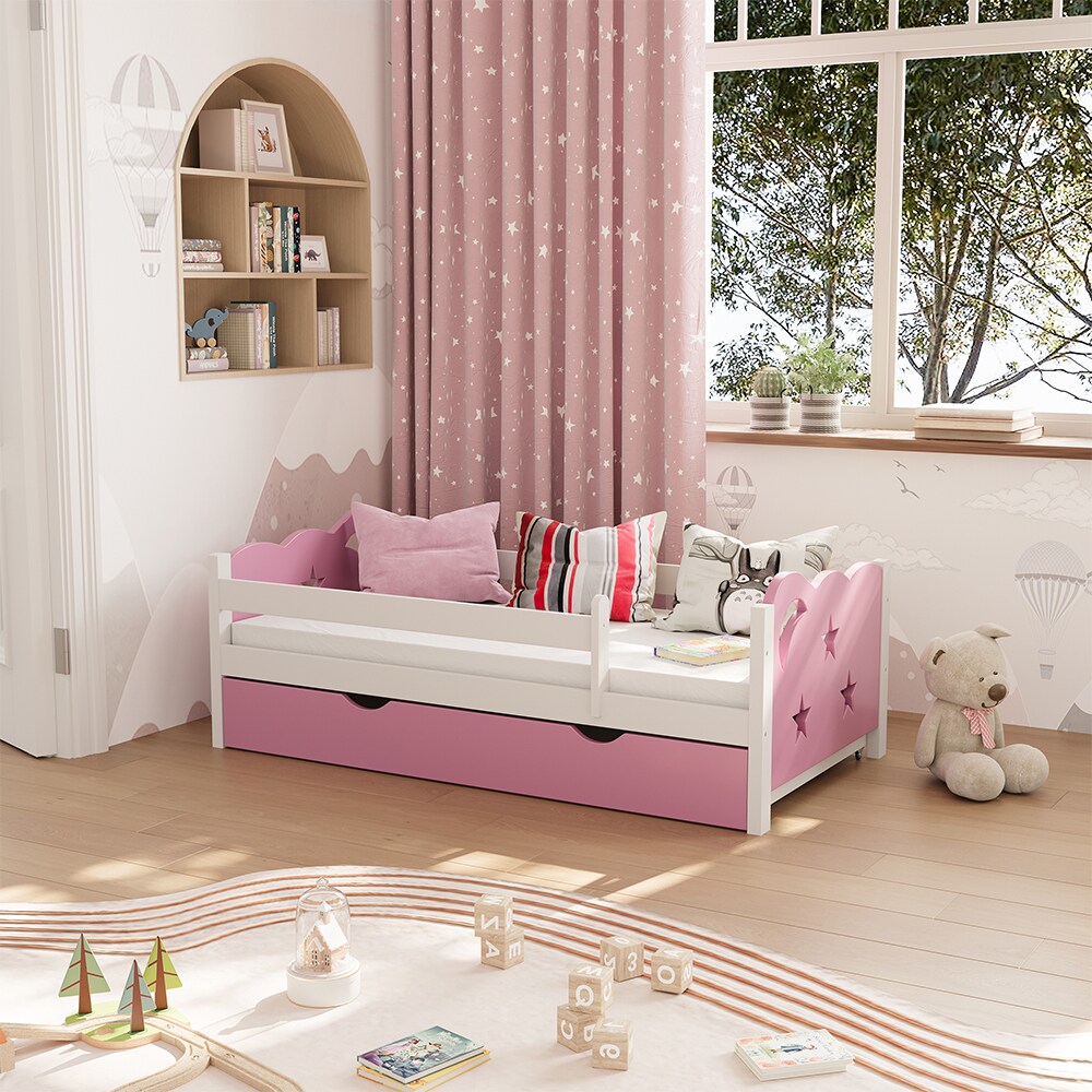 VitaliSpa Kinderbett Einzelbett Juniorbett Jessica Weiß Pink 140x70 cm Matratze modern Kinderzimmer Bett Bettschublade Rausfallschutz