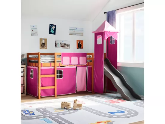 Lit mezzanine enfants avec tour rose 90x200 cm bois pin massif