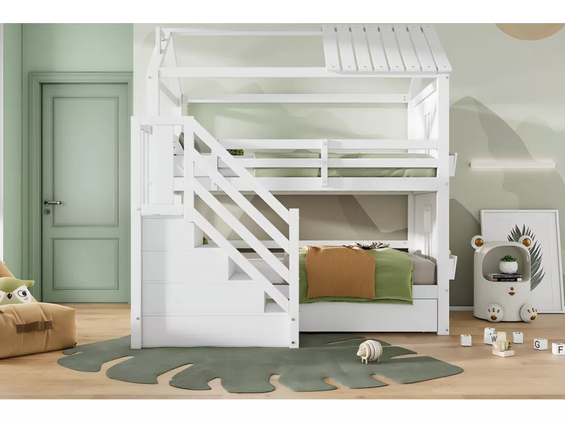Lits superposés cabane, 2x90x200cm, avec espace de rangement escaliers et tiroirs et étagères