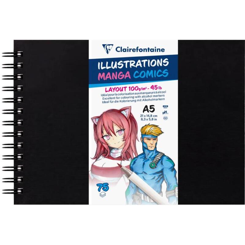 Manga Illustrations carnet spiralé 75 feuilles A5 100g couverture noire