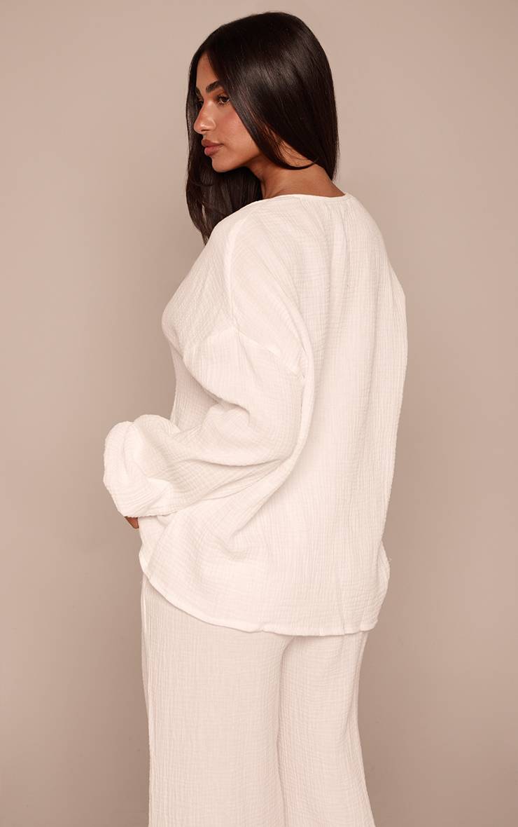 Blanc Chemise Petite À Texture Gaze De Coton Avec Nœud Devant Coordonné