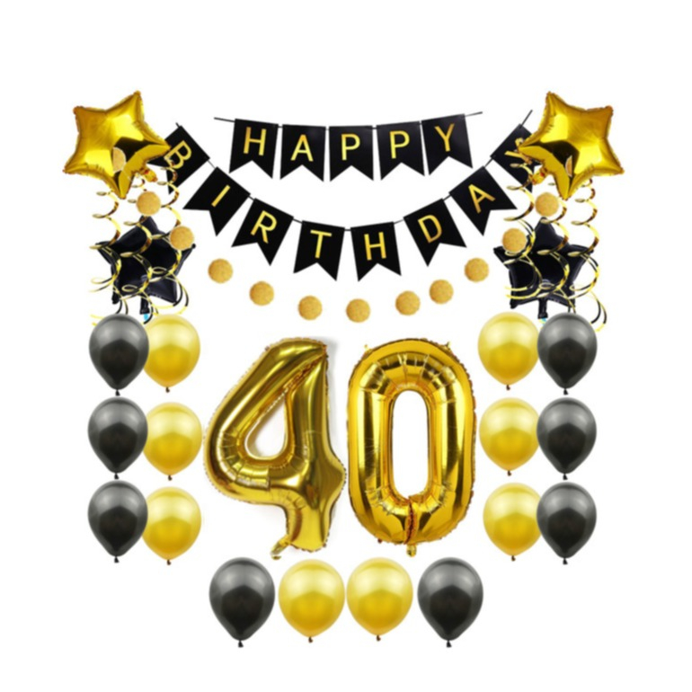 (85-tlg. Set) Happy Birthday Girlande 40. Geburtstag Party Deko   Latex- und Folienballons / Spiralengirlande - Gold / Schwarz