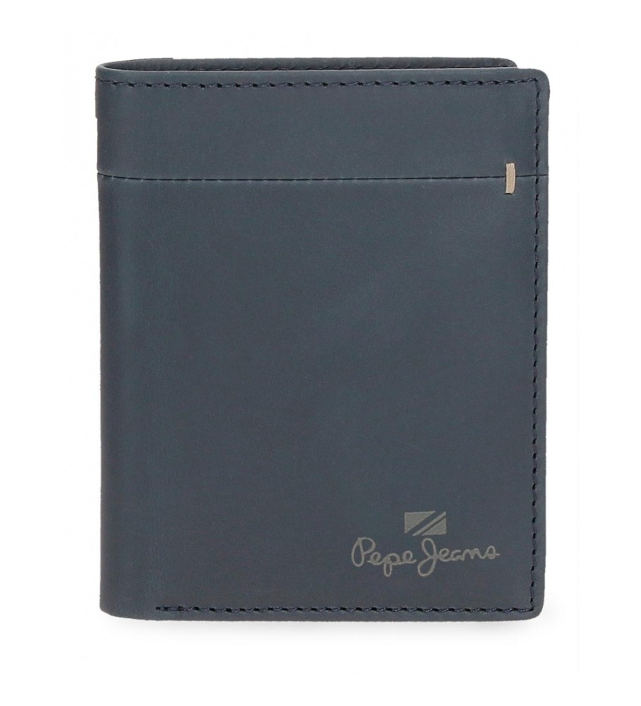 Carteira Pepe Jeans Vertical Staple em couro azul marinho