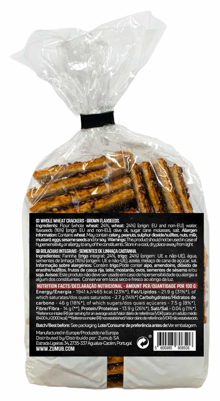 Biscoitos integrais Zumub com sementes de linhaça marrom 200g