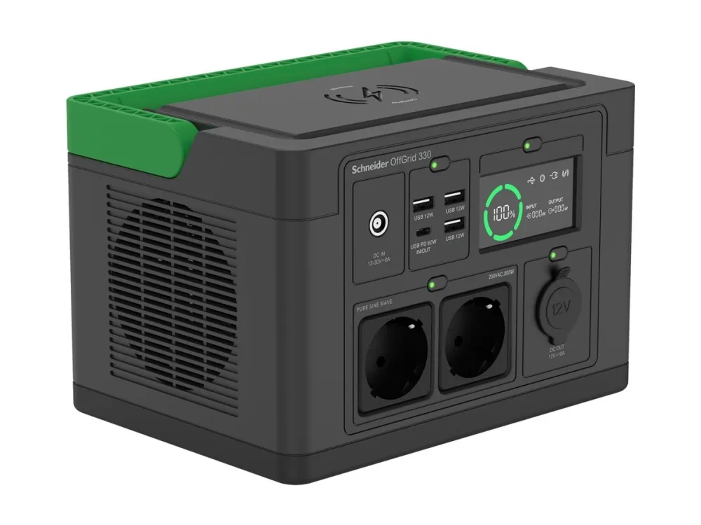 Schneider OffGrid 330 - Transportabel strømstation - LCD, lithium-ion, 2 CEE 7/3 schuko stik, sinuskurve, 3 USB-A, 1 USB-C, trådløs oplader - AC 230 V - 330 Watt - Litiumion - 332 Wh - output-stikforbindelser: 2 - sort, grøn