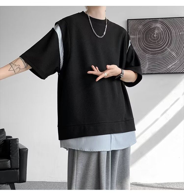 Craltuxe - T-shirt met korte mouwen, ronde hals en krijtstreeppatchwork