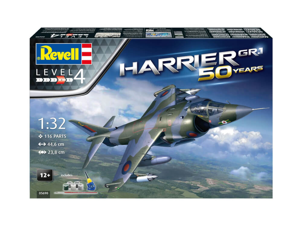 Geschenkset Harrier GR.1, 50 Years, Revell Modellbausatz mit Basiszubehör