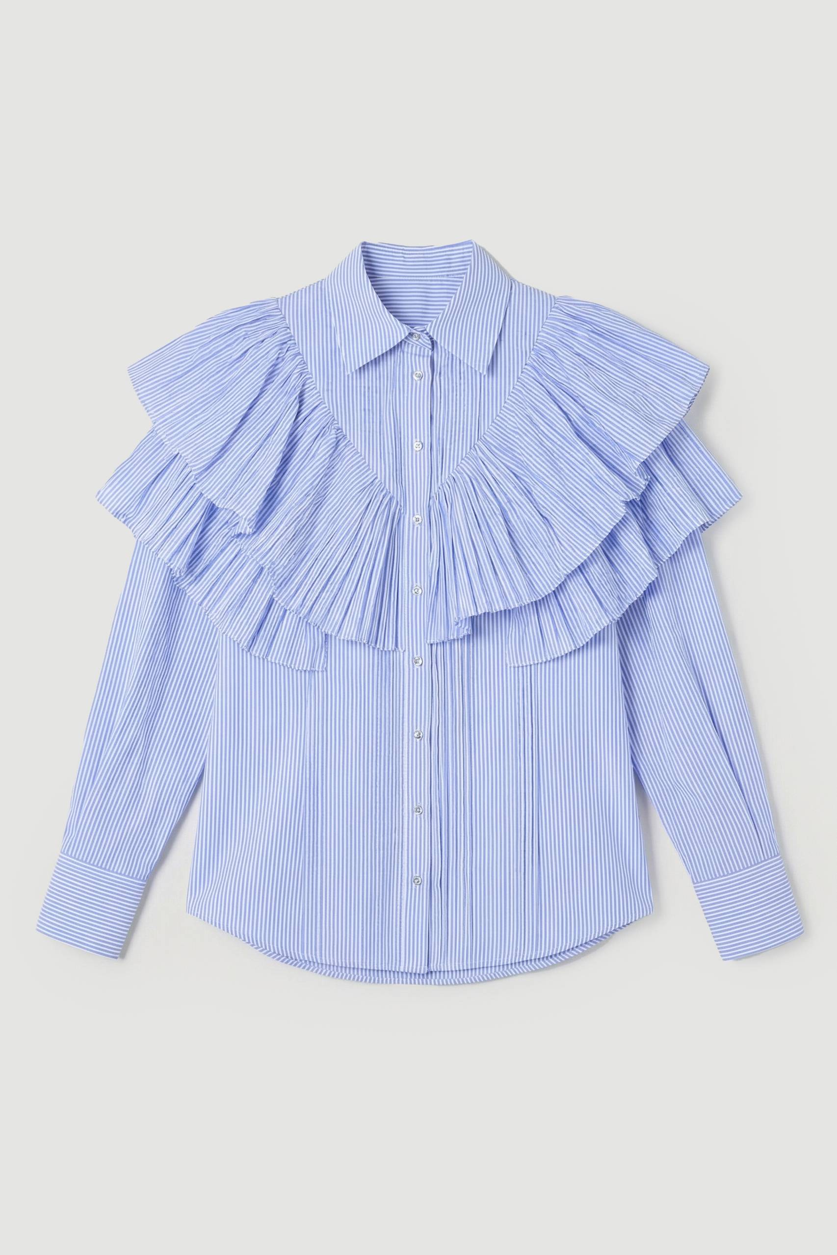 KarenMillen Chemise Tissée à Col avec Détails de Volants à Rayures en Popeline de Coton Manches Longues