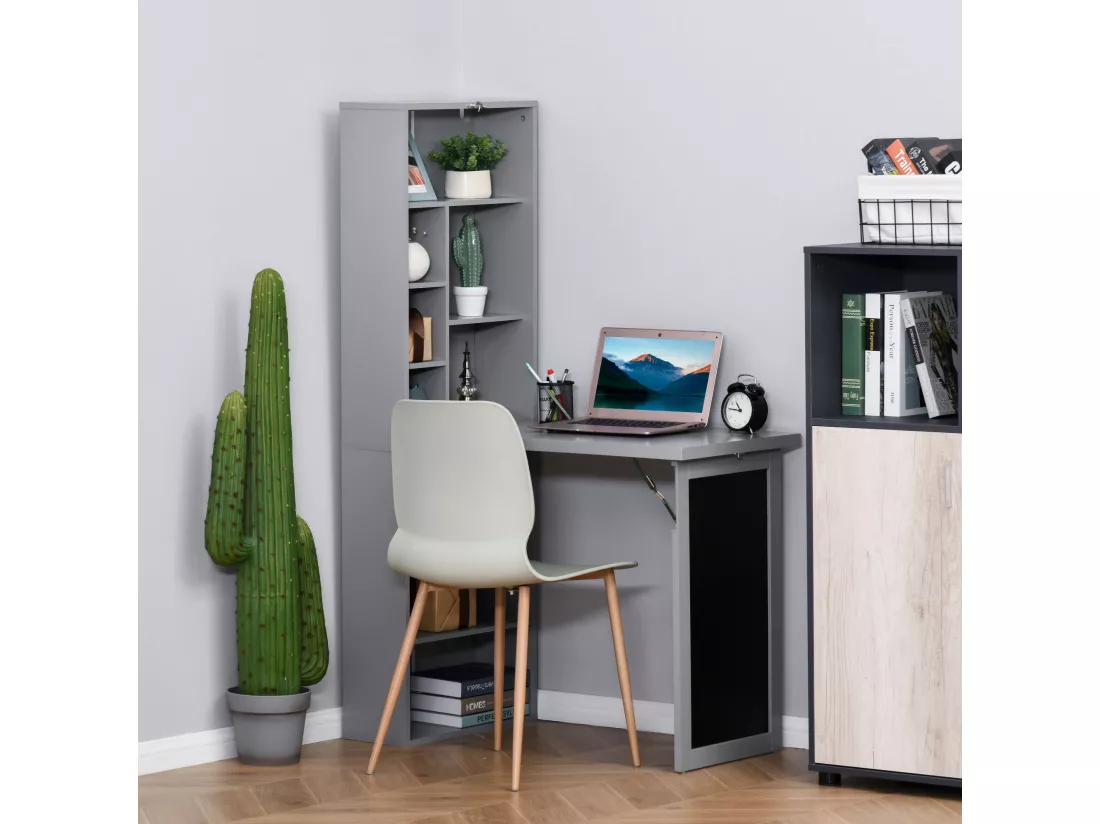 Bureau mural pliable table murale rabattable suspendue sur pied avec bibliothèque tableau à craie intégré panneaux particules gris