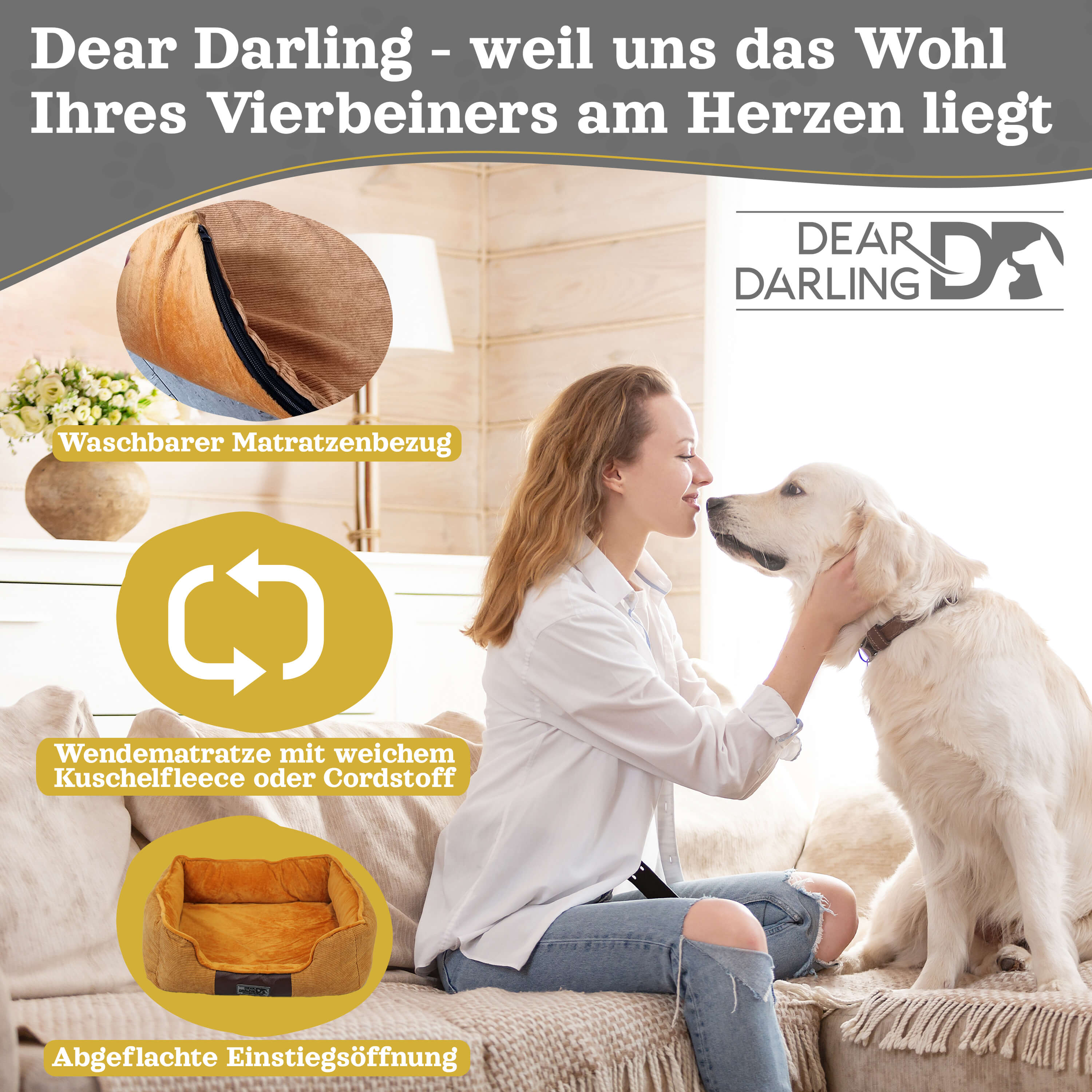 DEAR DARLING DD-04BRL Luxus Hundebett Katzenbett braun Gr. L 75x60cm mit Memoryschaum Matratze