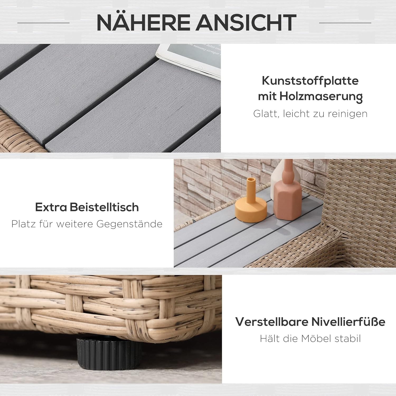 Outsunny 4-TLG. Luxus Polyrattan Gartengarnitur Gartenmöbel Garten-Set Sitzgruppe Loungeset Loungemöbel inkl. Ablagen und Beistelltisch Sitzkissen Braun