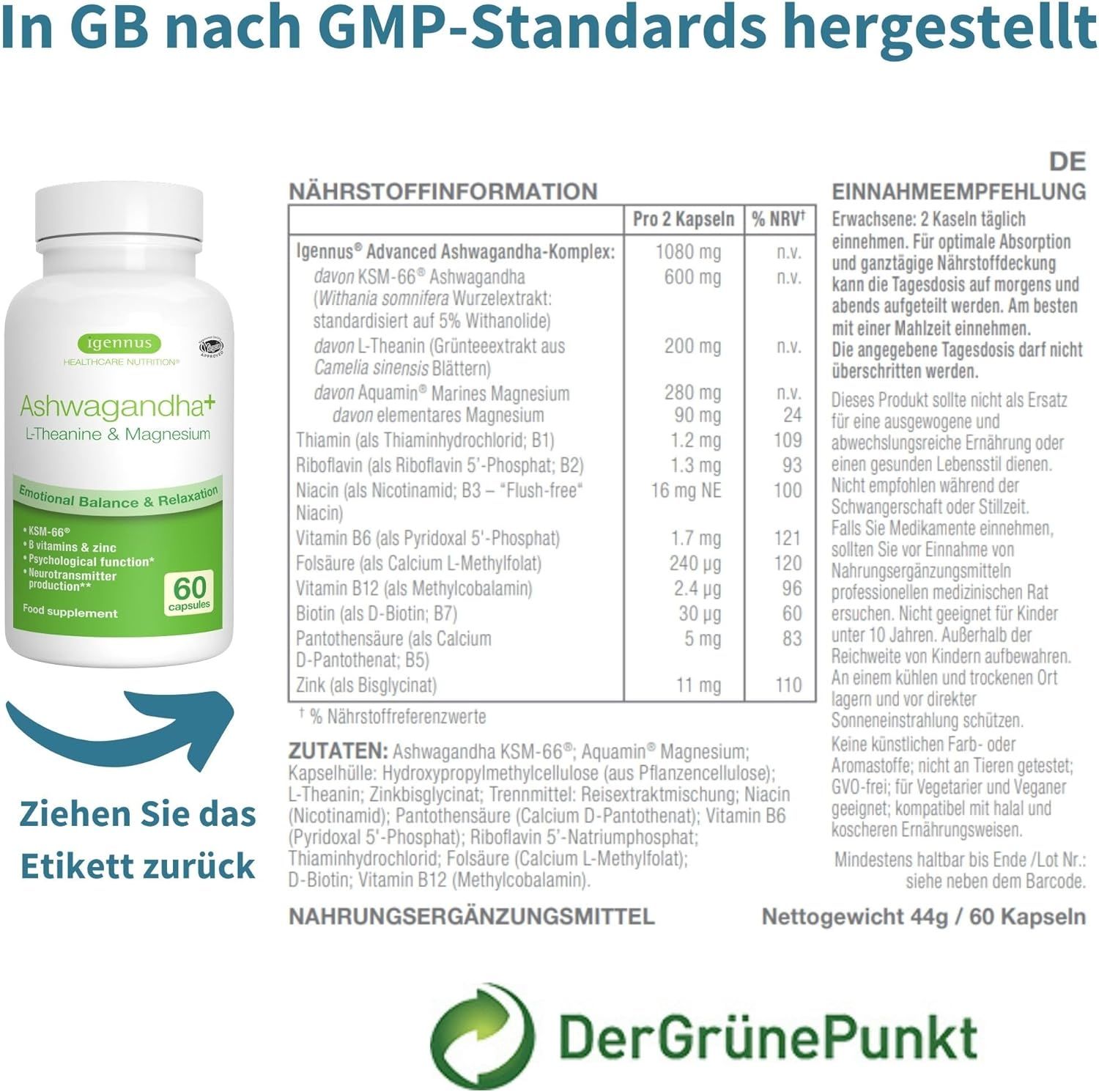 Igennus Ashwagandha KSM-66 Wurzelextrakt mit L-Theanin & Magnesium