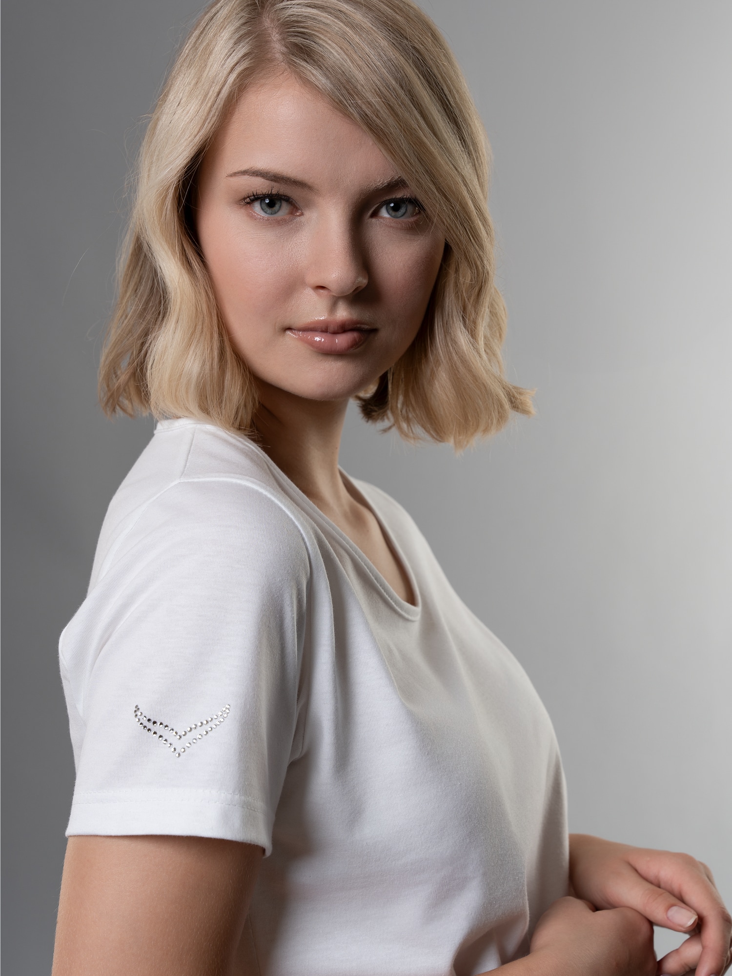 T-Shirt DELUXE Baumwolle mit Kristallsteinen Weiss