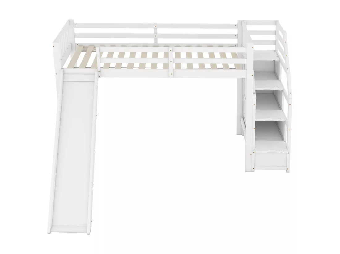 Lit mezzanine 90 x 200 cm avec 3 tiroirs et toboggan - bois de pin + MDF - sommier à lattes - blanc