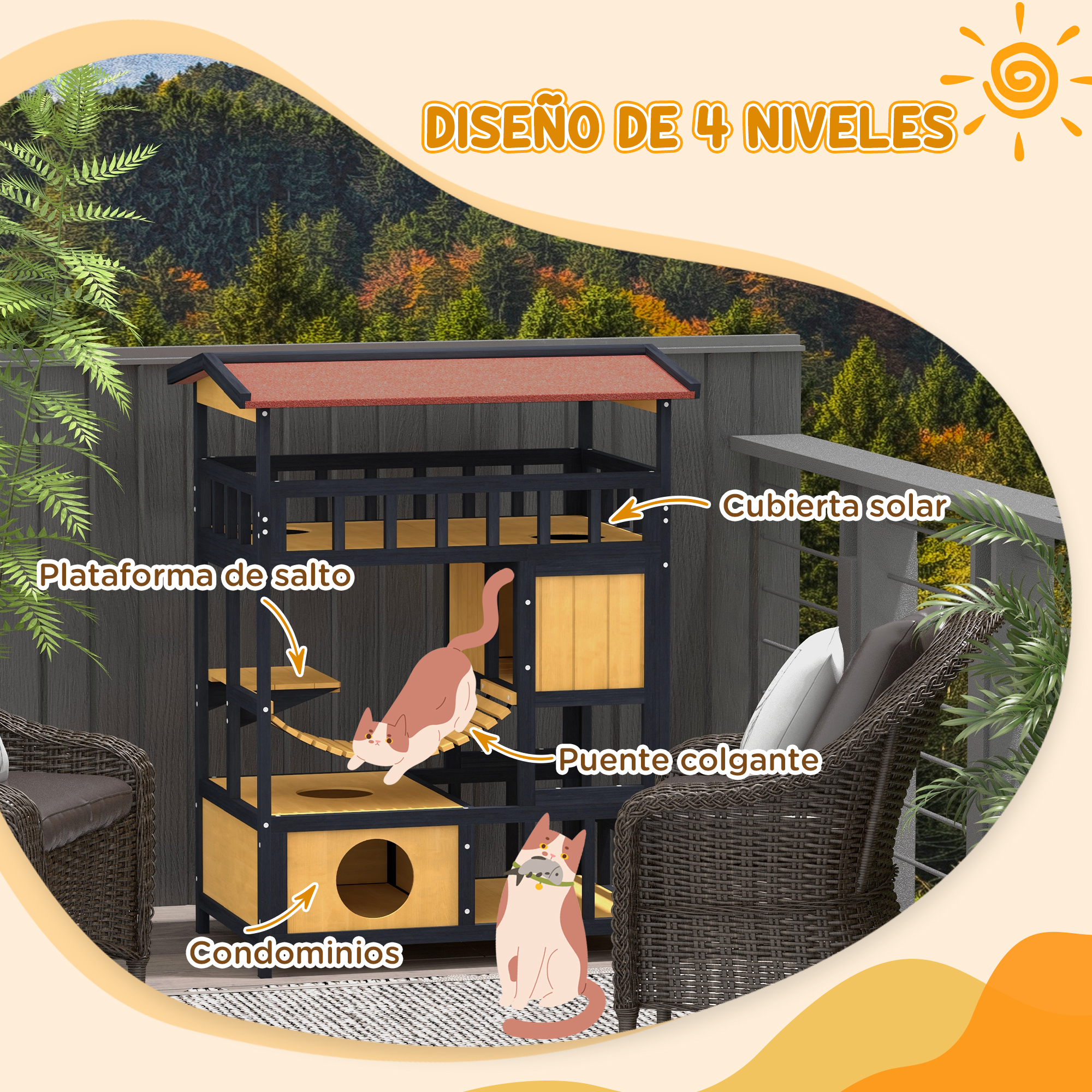 Casinha de madeira para gatos PawHut, 84x60x116 cm, com 4 níveis, ponte suspensa, varanda e telhado de asfalto natural.