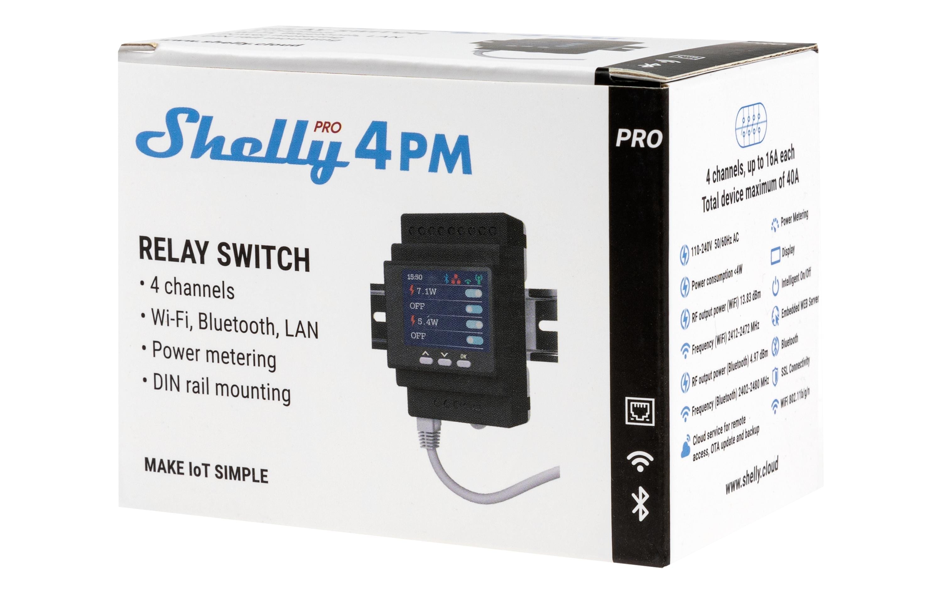 Pro 4PM LAN und WiFi-DIN-Rail Switch<br>LAN und WLAN 4 Kanäle 16 A Schaltaktor, Bluetooth