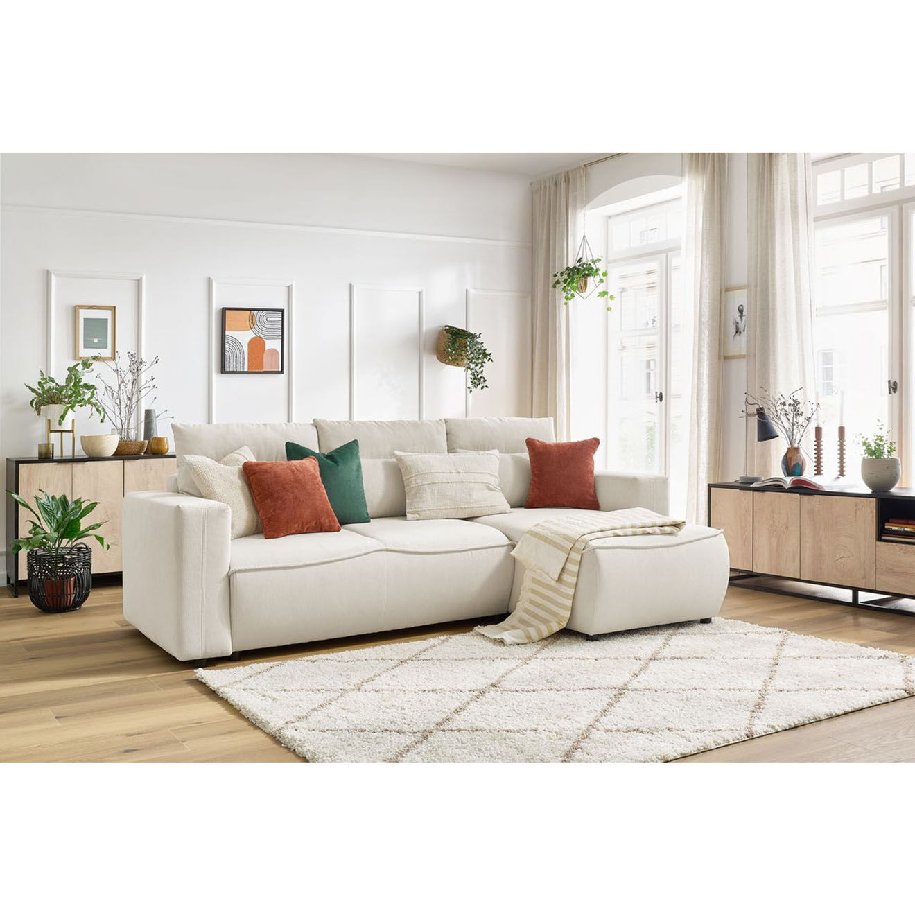 Bobochic Canapé d'angle droit convertible coffre jasmin velours côtelé beige - 256x158x90 cm