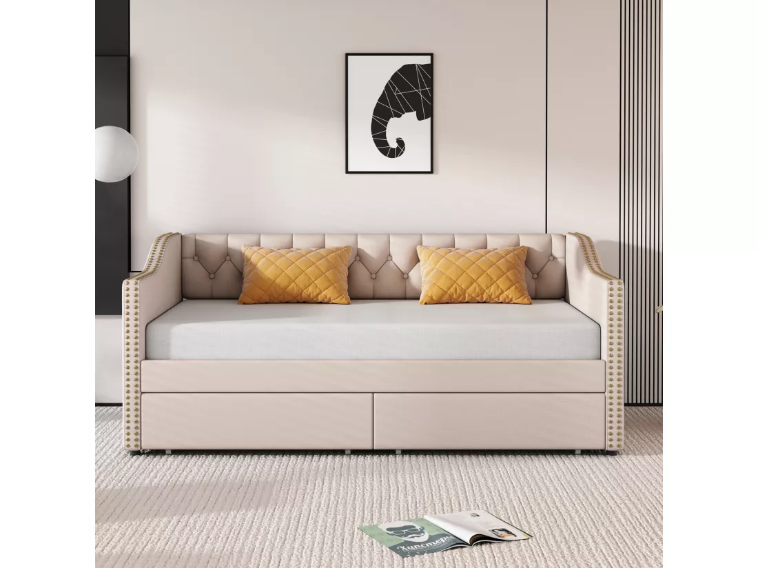 Lit banquette capitonné - 90 x 200 cm - 2 tiroirs - sommier à lattes - tissu beige