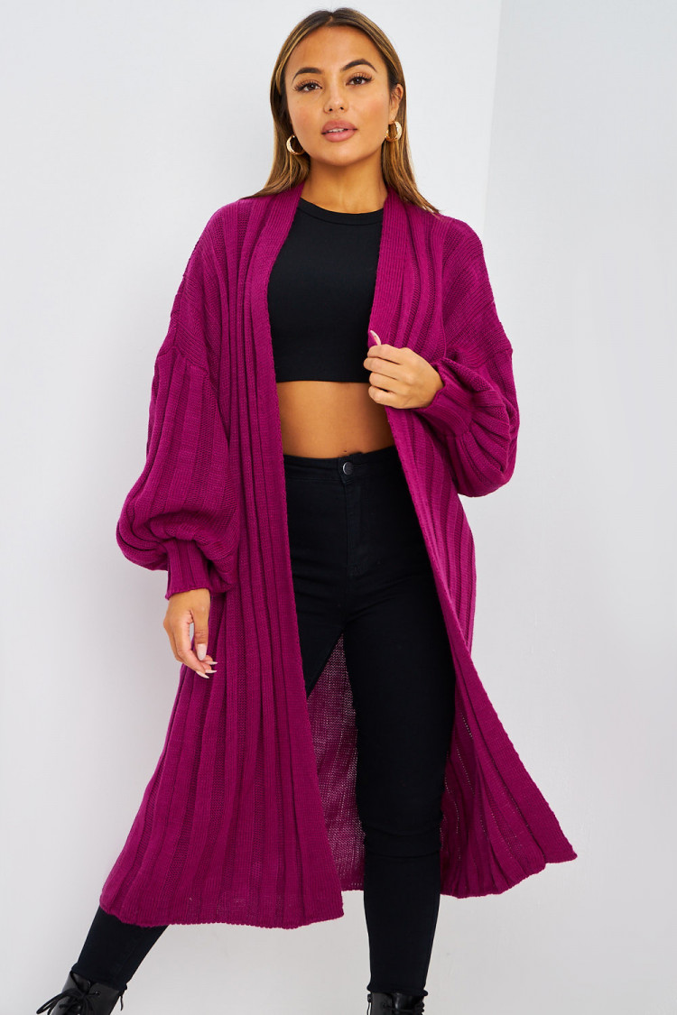 Gilet long violet bandes en mailles