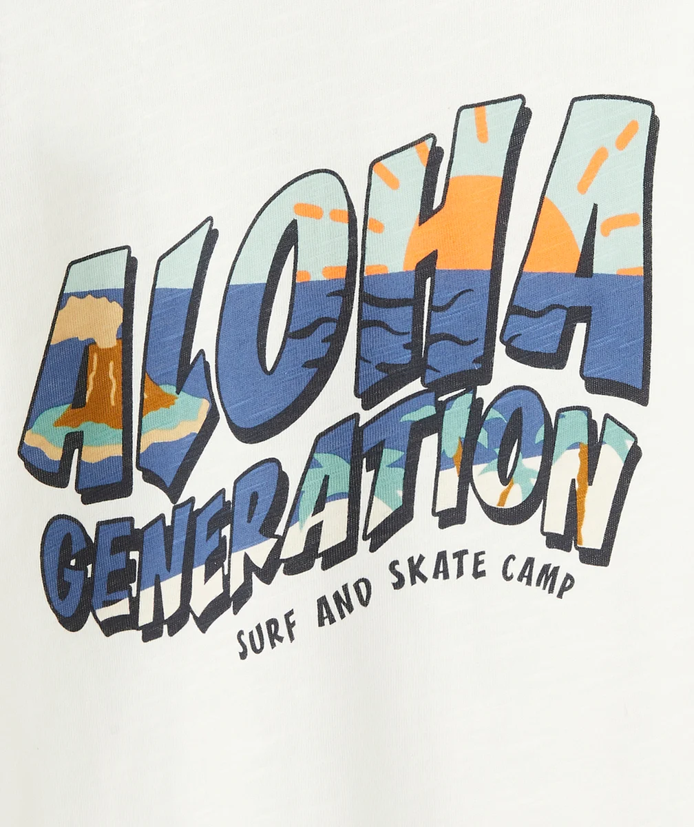 T-SHIRT GARÇON BLANC EN COTON BIO AVEC MESSAGE THÈME HAWAÏEN