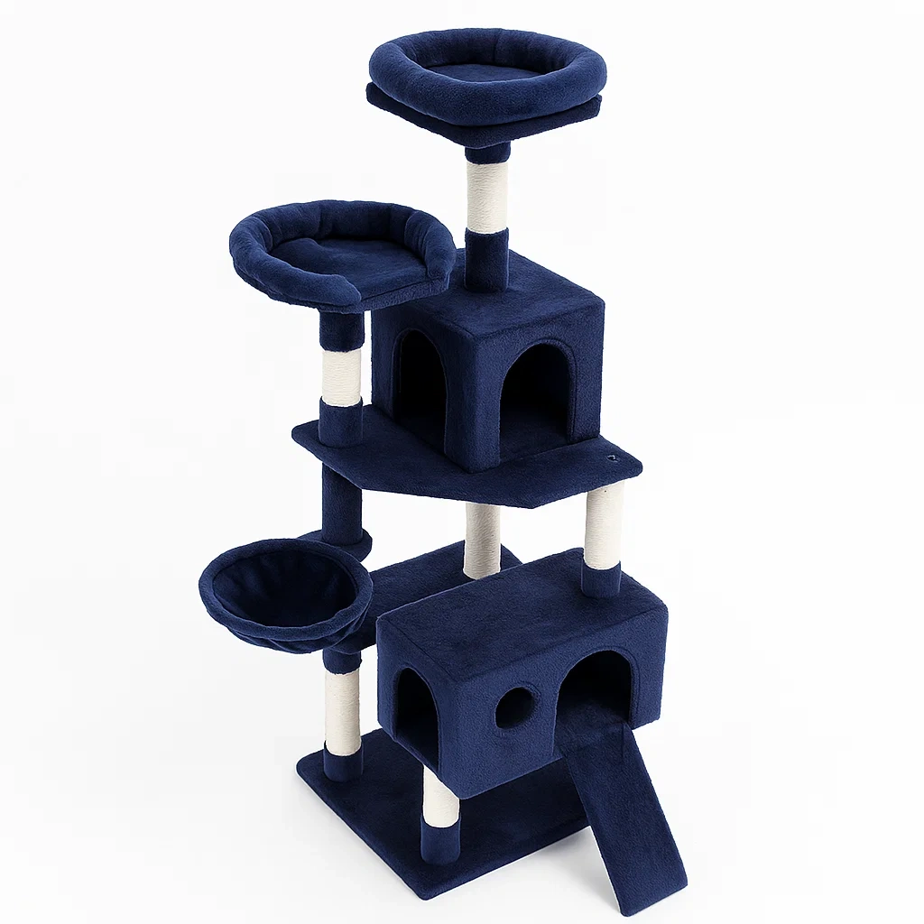 Arbre à chat en tissu polyester bleu avec plateforme et niche