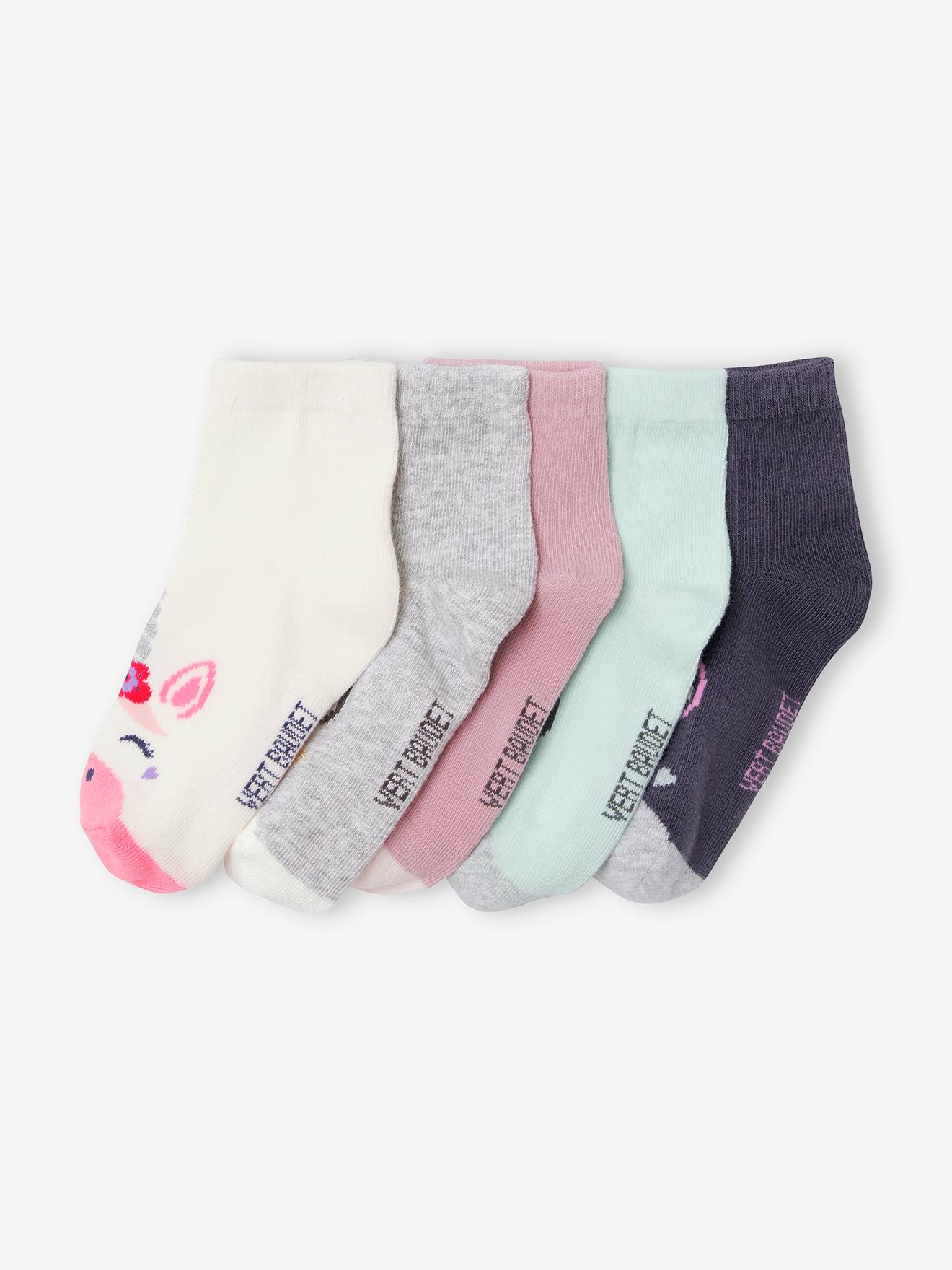 Pacote com 5 pares de meias de unicórnio tamanho médio, brancas, bicolor/multicoloridas.