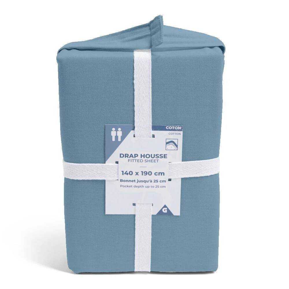 Drap housse 140x190cm 100% coton bleu chiné