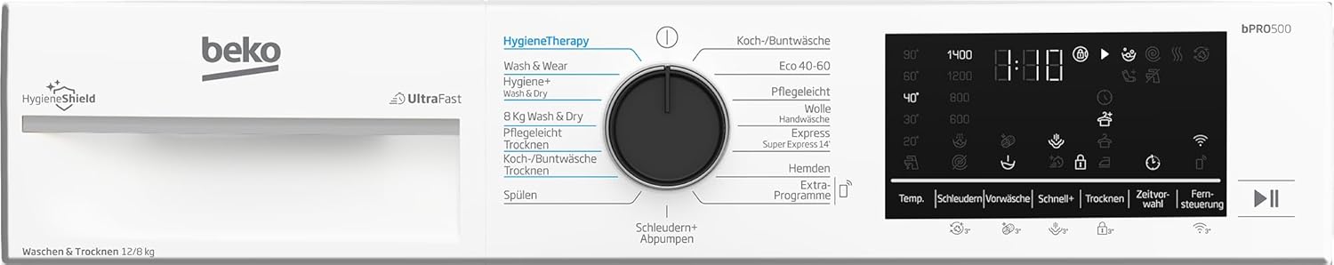 Beko B3DFT512447W freistehender Waschtrockner, 12 kg Waschen, 8 kg Trocknen, allergikergeeignet, Touch-Display mit Startzeitvorwahl 0-24 h, Bluetooth, Dampffunktion, Nachlegefunktion, Weiß