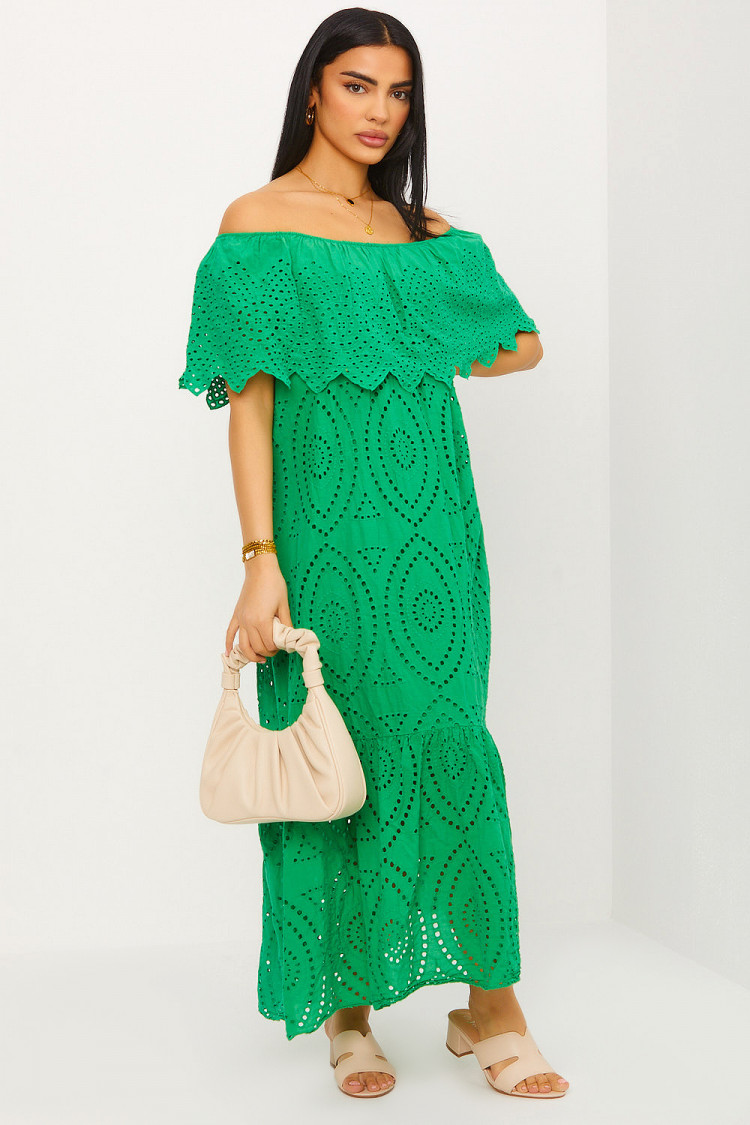 Robe verte col bardot en crochets