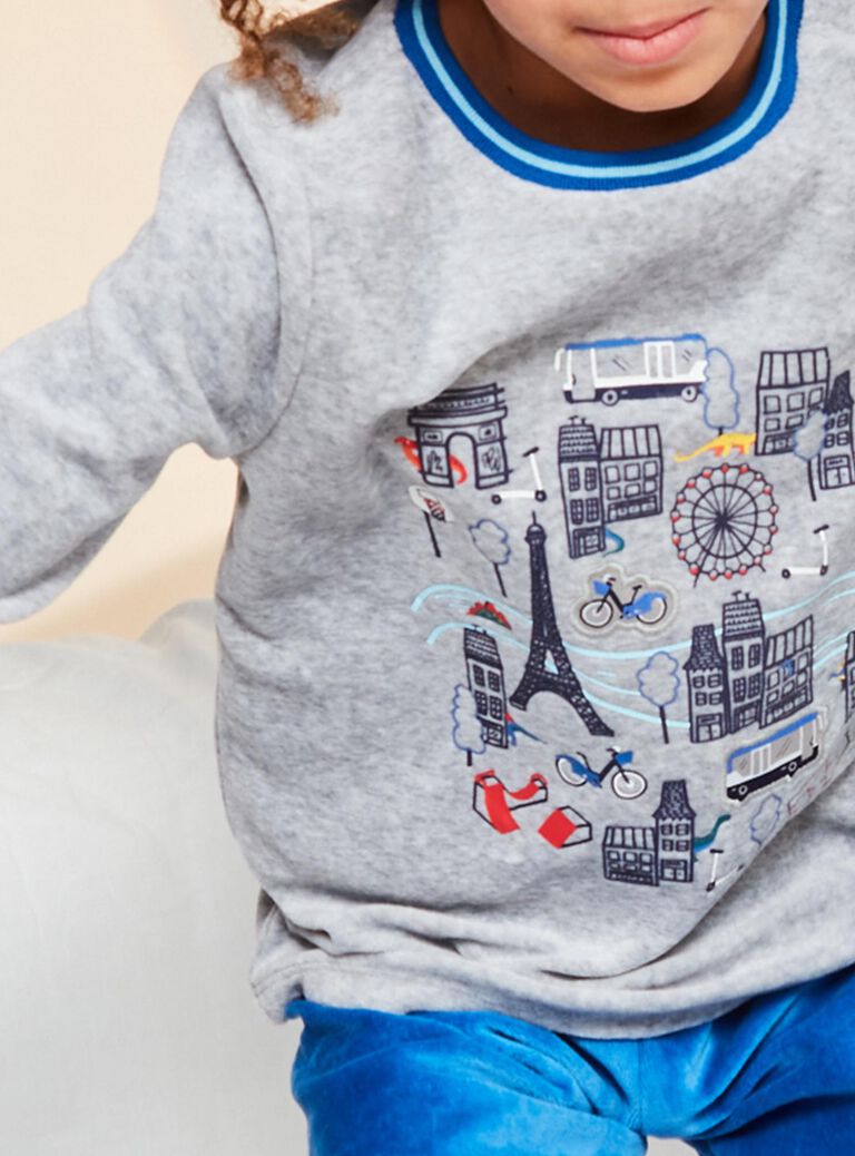 Ensemble pyjama gris chiné en velours thème Paris
