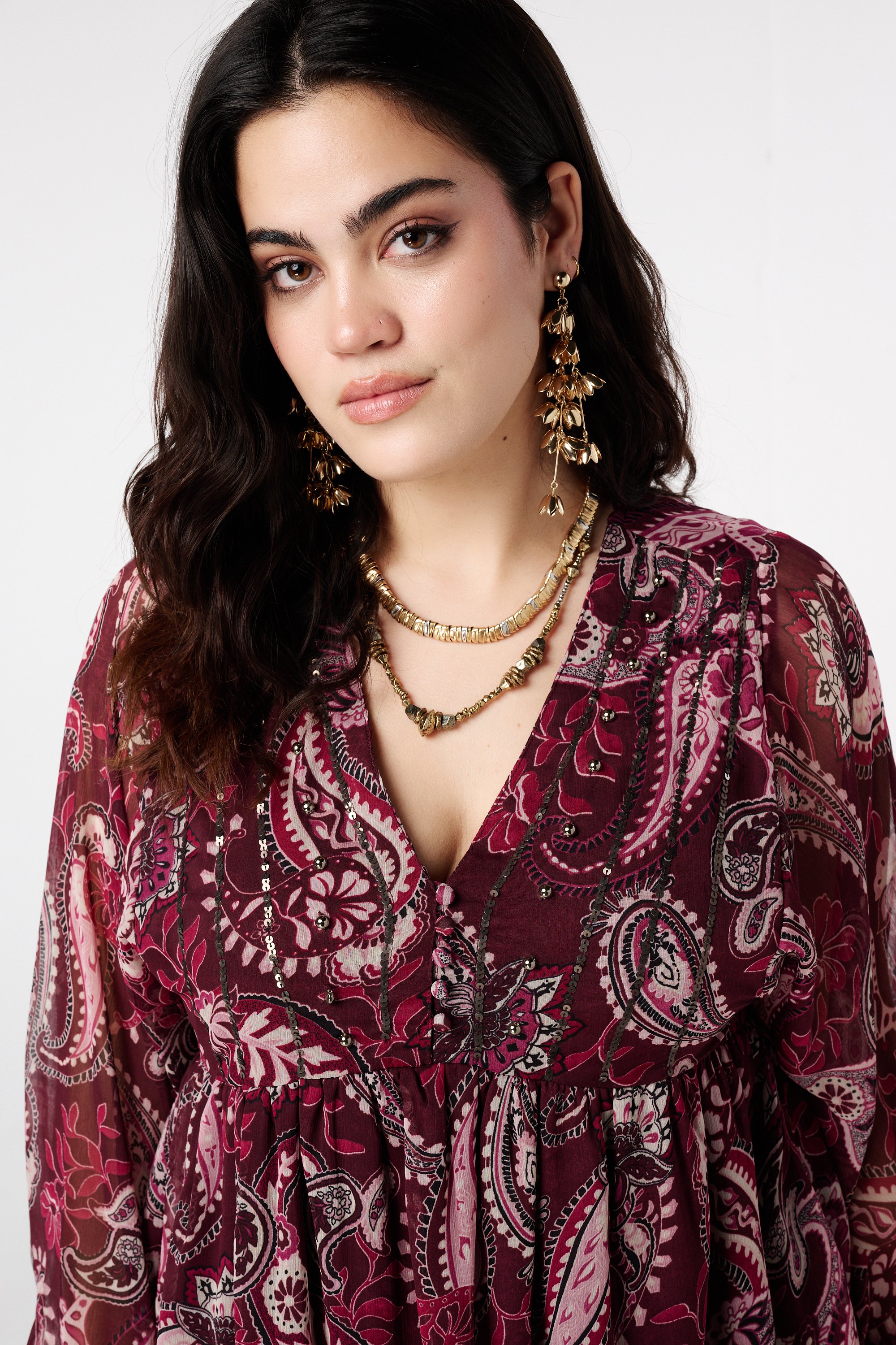 Jurk met sheer mouwen en print Multi Pink